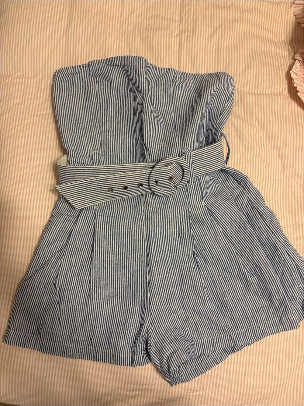 Olivaceous Blue and White Striped Strapless Romper with Belt
